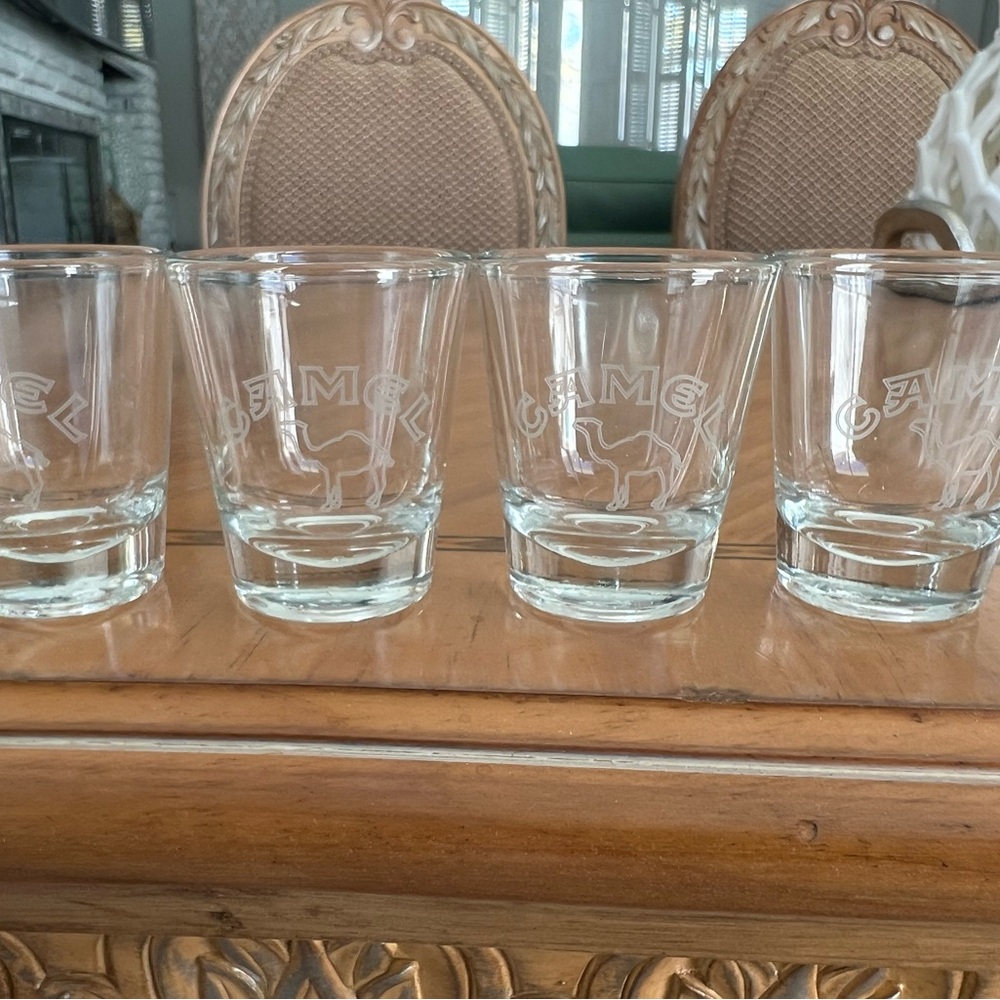 Set of 4 Camel Cigarettes Etched Logo Shot Glasses Vintage